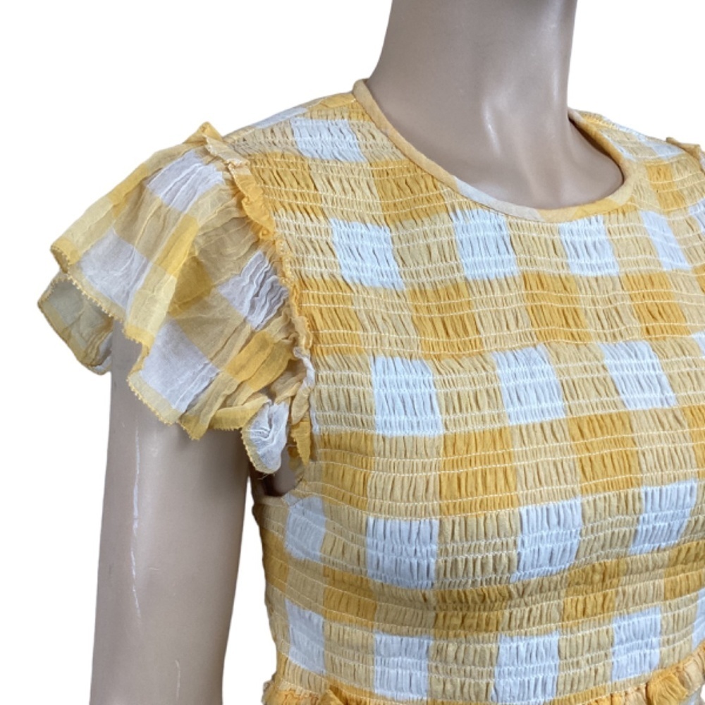 Saylor Saya Checkered Smocked Mini Dress size Medium Yellow & White Lined - Picture 6 of 11